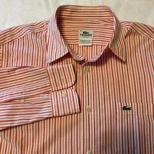 Lacoste Men's Long Sleeve Salmon/Orange Striped Dress Shirt sz 40 Medium